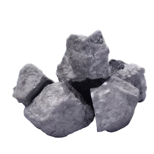 Close up of metallic grey irregular Ferrosilicon lumps inside a white woven bulk bag